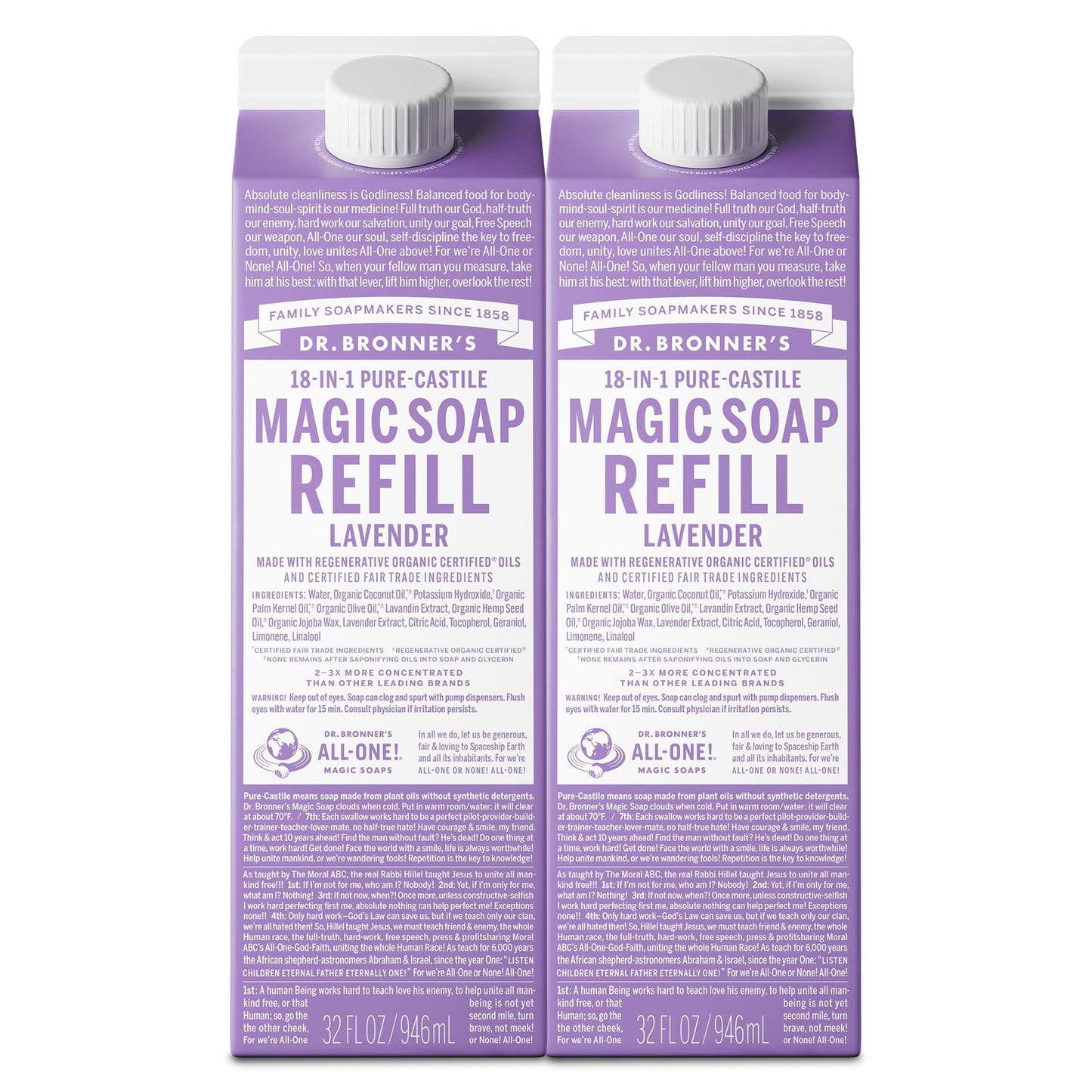 Dr. Bronner's Magic Soap-Pure-Castile Liquid Refill (Lavender, 32 ounce, 2-Pack) - Made with Regenerative Organic Certified Oils, For Body, Hair Beauty & Personal Care Dr. Bronner's