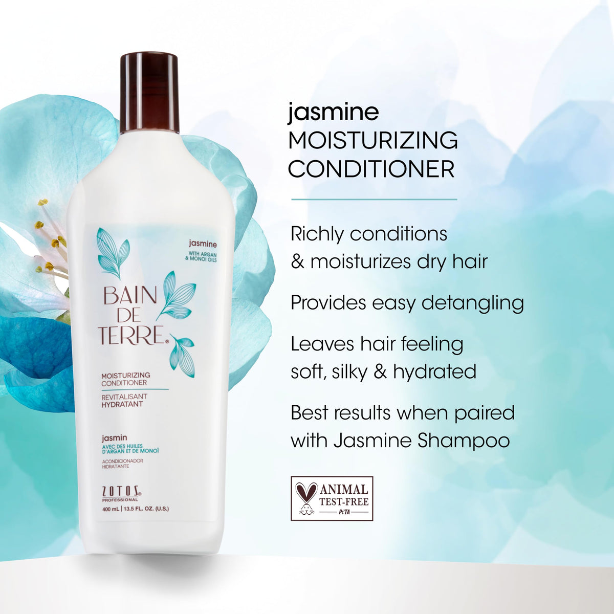 Bain de Terre Jasmine Moisturizing Conditioner, Rich Hydration for Dry Hair, with Argan & Monoi Oils, Paraben-Free, Color-Safe, Vegan, 33.8 Fl Oz Beauty & Personal Care Bain de Terre