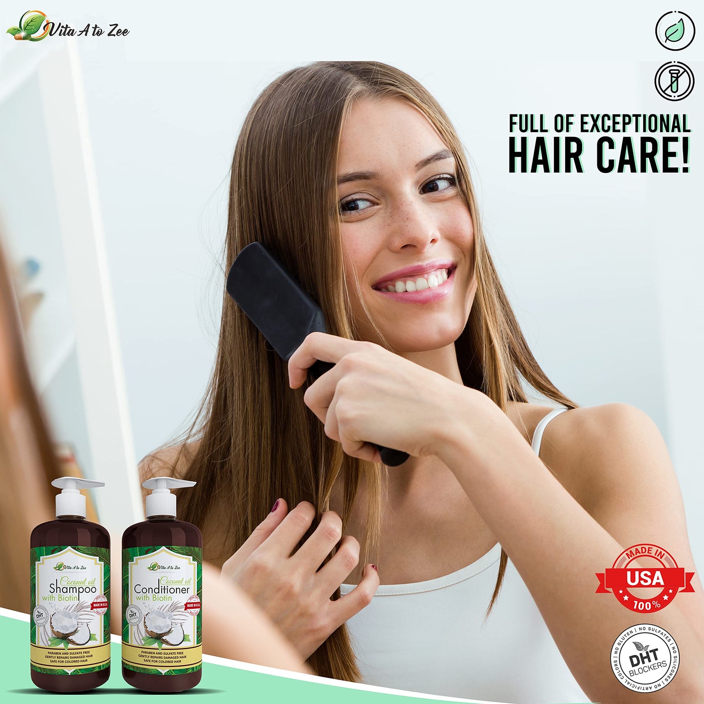 Vita A to Zee Coconut Oil Shampoo & Conditioner with Biotin, Aloe Vera (2 x 16.9 Fl Oz) - Hair Regrowth Shampoo Conditioner for Dry, Frizzy & Coarse Beauty & Personal Care Vita A to Zee