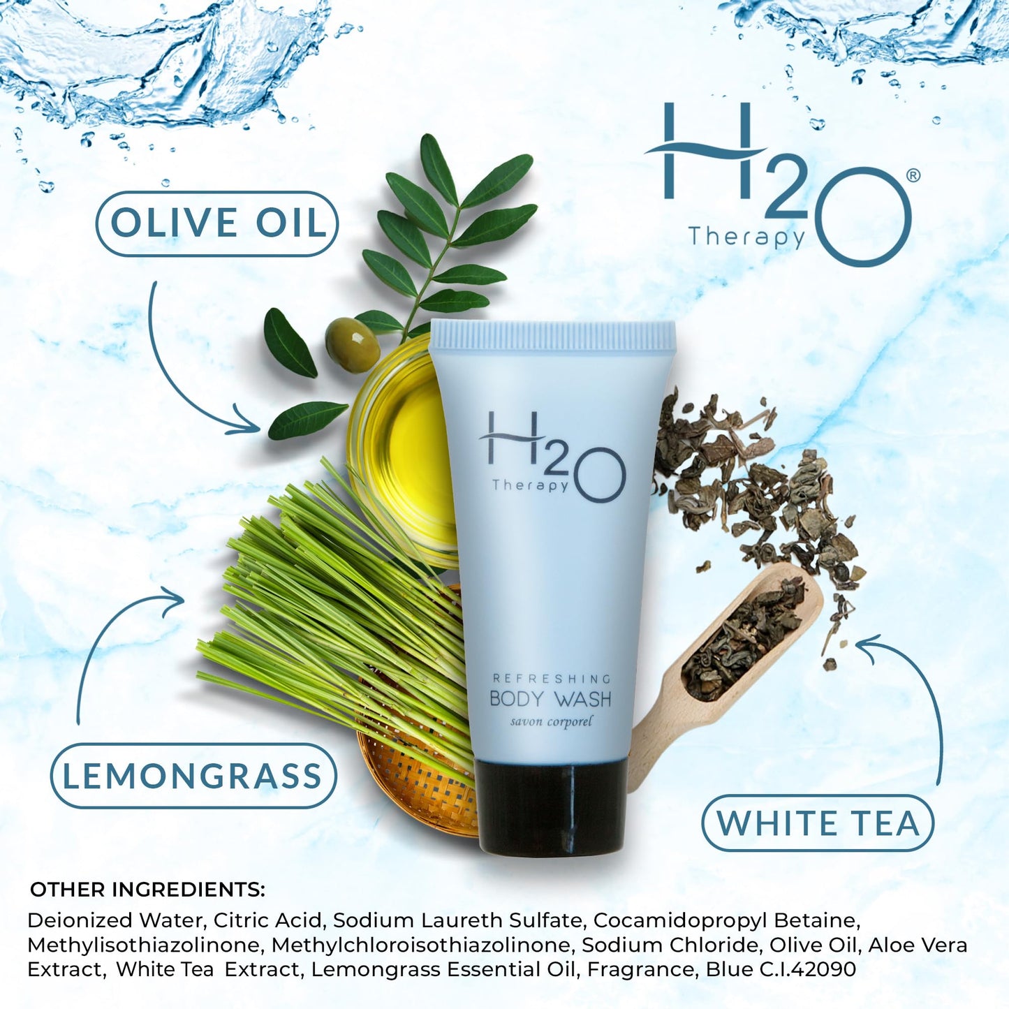 H2O Therapy Hotel Body Wash 0.85 oz Travel Size Bottles | Bulk 300 Pack | White Tea with Aloe & Olive Oil | Paraben Free Guest Amenities Complimentary Beauty & Personal Care H2O Therapy