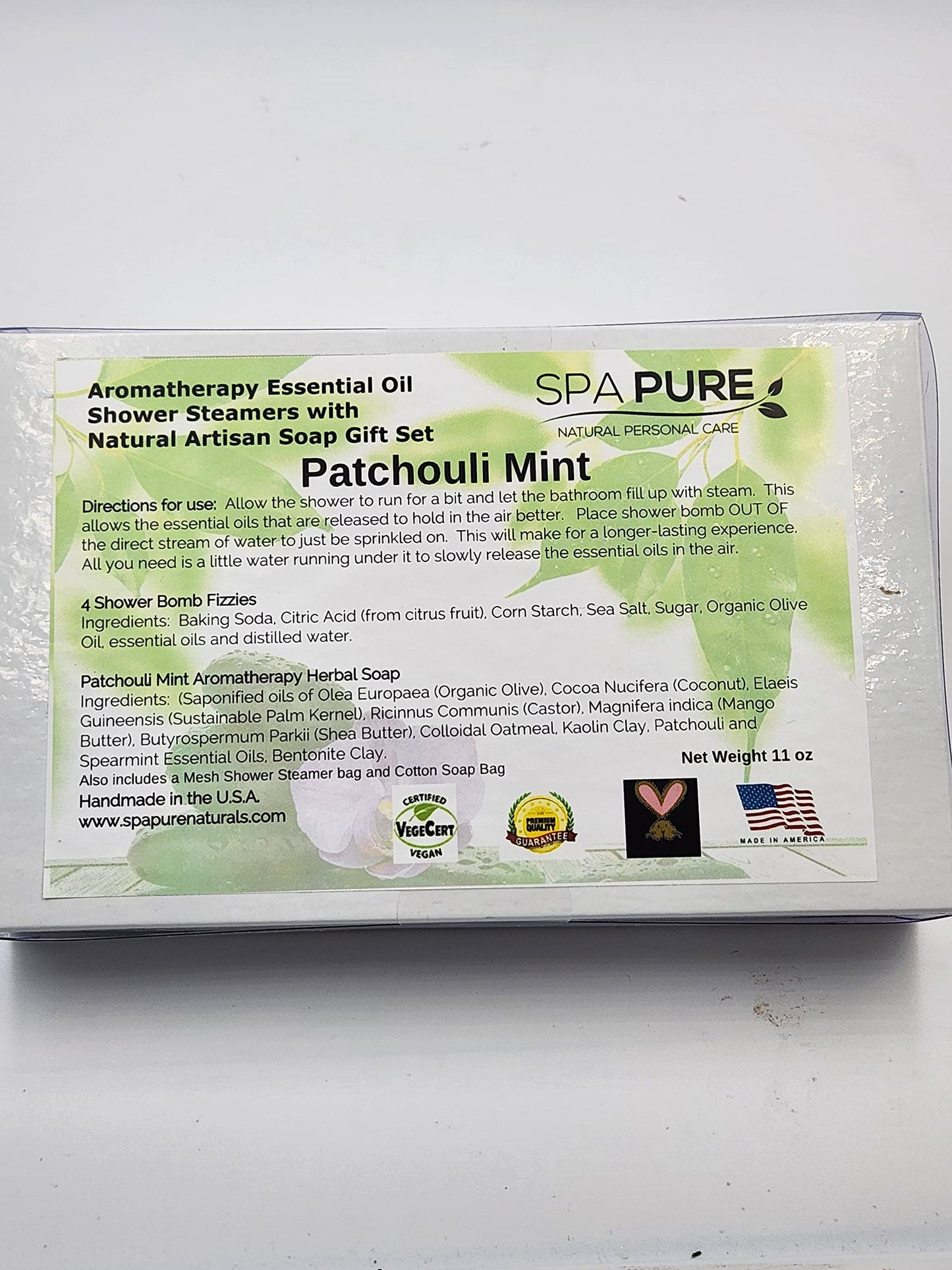 Spa Pure Aromatherapy Gift Set: Patchouli Mint Artisan soap, Shower Steamers, made with plant based ingredients, Cotton Soap & Steamer bag (Patchouli Beauty and Personal Care Spa Pure