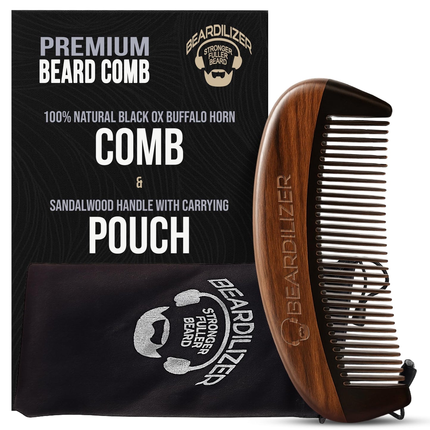 Beardilizer Premium Beard Comb for Men - 100% Natural Black Ox Buffalo Horn & Sandalwood Handle with Carrying Pouch, Professional Anti-Static Fine Beauty and Personal Care Beardilizer