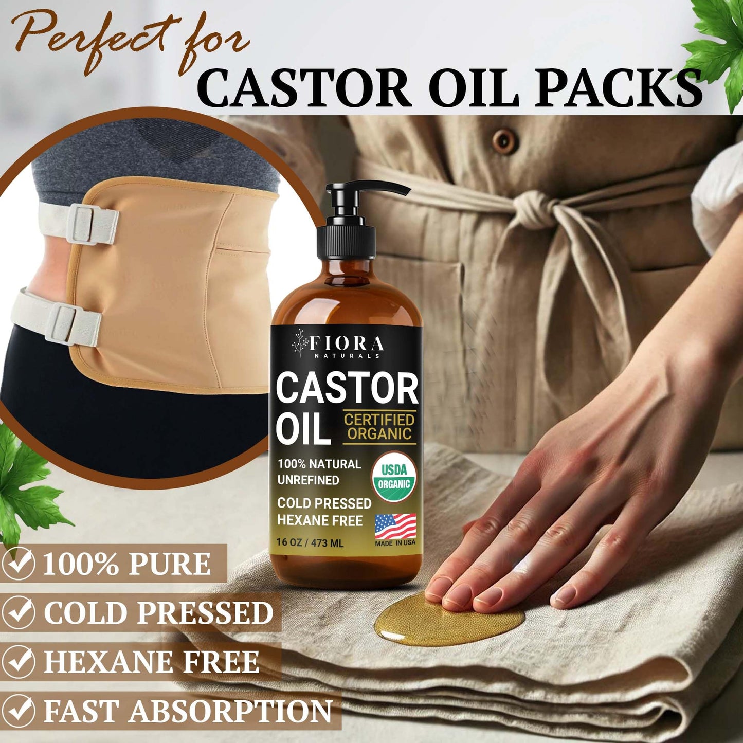Organic Castor Oil in Glass Bottle - 16 Oz Cold Pressed & Hexane-Free - USDA Certified - Hair Growth Oil For Lashes, Brows, Skin & Scalp - with Pump Beauty & Personal Care Fiora Naturals