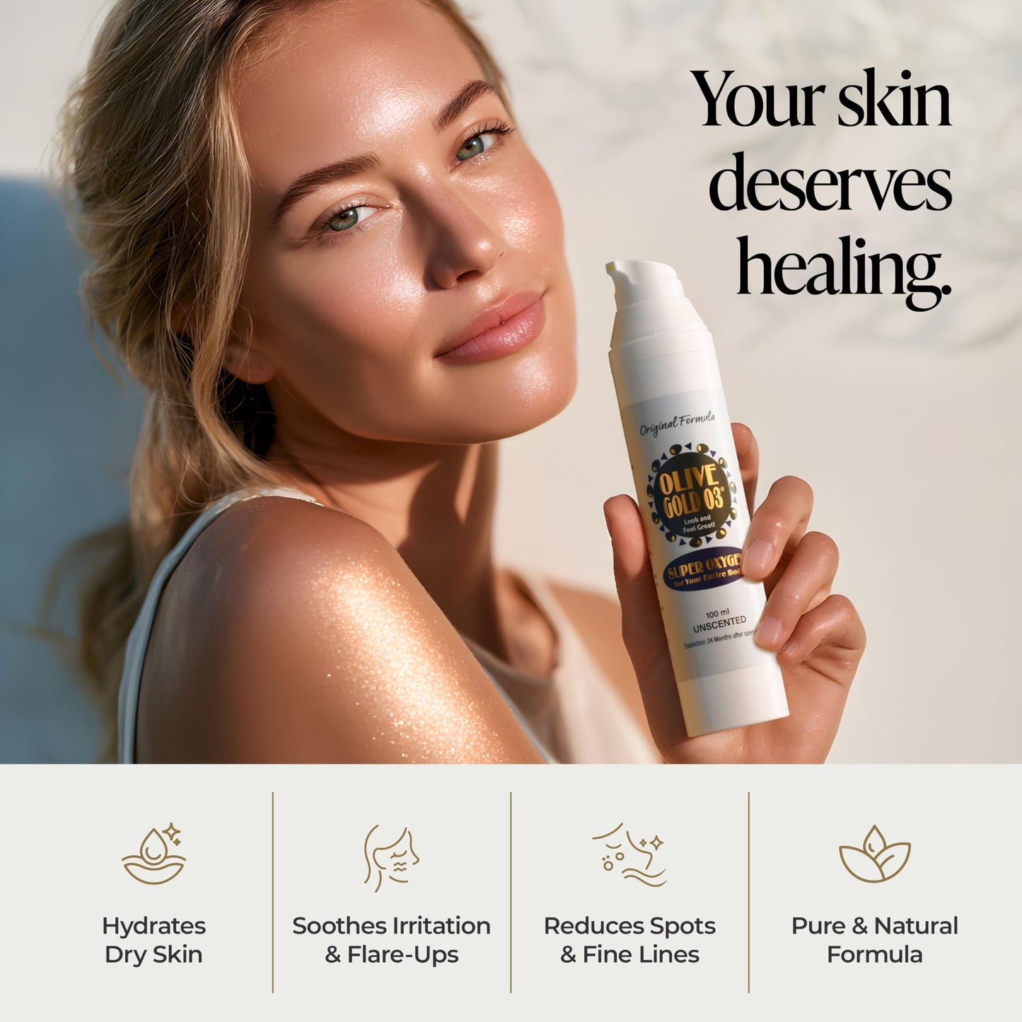 Olive Gold O3 Skin Care Lotion - Ozonated Olive Oil Moisturizer for Face & Body, Natural Hydration & Anti-Aging Support (4oz) Beauty & Personal Care olive gold 03