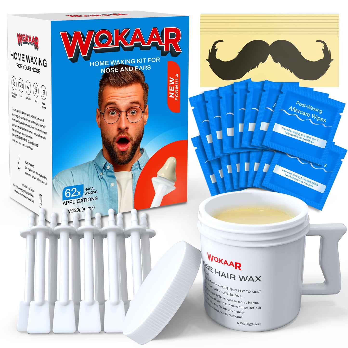 Wokaar Max Value Nose Wax Kit - 120g Wax, 30 Applicators - Painless Nasal & Ear Hair Removal for Men & Women - Includes 15 Balm Wipes & 10 Mustache Beauty and Personal Care Wokaar
