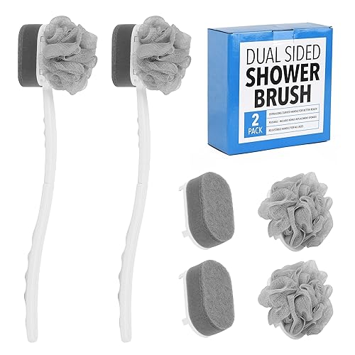 Impresa Extra Long Handle Shower Brush - Dual-Action Loofah & Exfoliating Sponge Body Scrubber - Ergonomic Grip Back Scrub Brush - Replacement Loofah Beauty & Personal Care IMPRESA