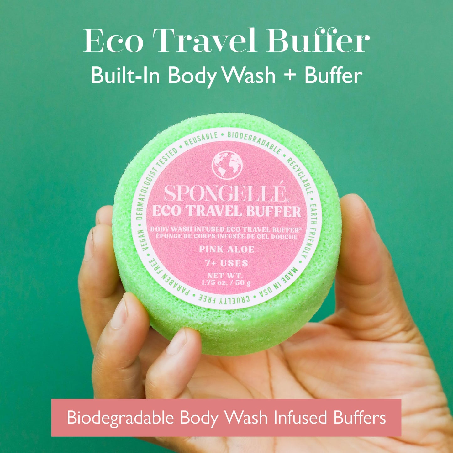 Spongelle Pink Aloe Eco Collection Travel Body Buffer Body Scrubber - Bath & Shower Loofah for Men & Women - Biodegradable, Cruelty-Free, Vegan Beauty and Personal Care SPONGELLÉ