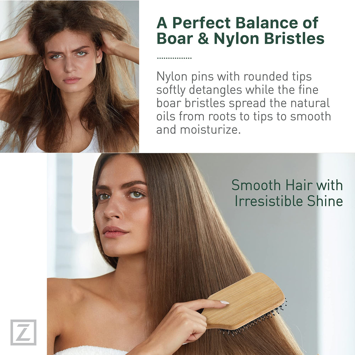 Natural Boar Bristle Hair Brush for Women, Men, Kids; Dry and Wet Detangling Hair Brush Gently Enhances Shine, Smooths Frizz and Prevents Breakage Beauty & Personal Care Zollo
