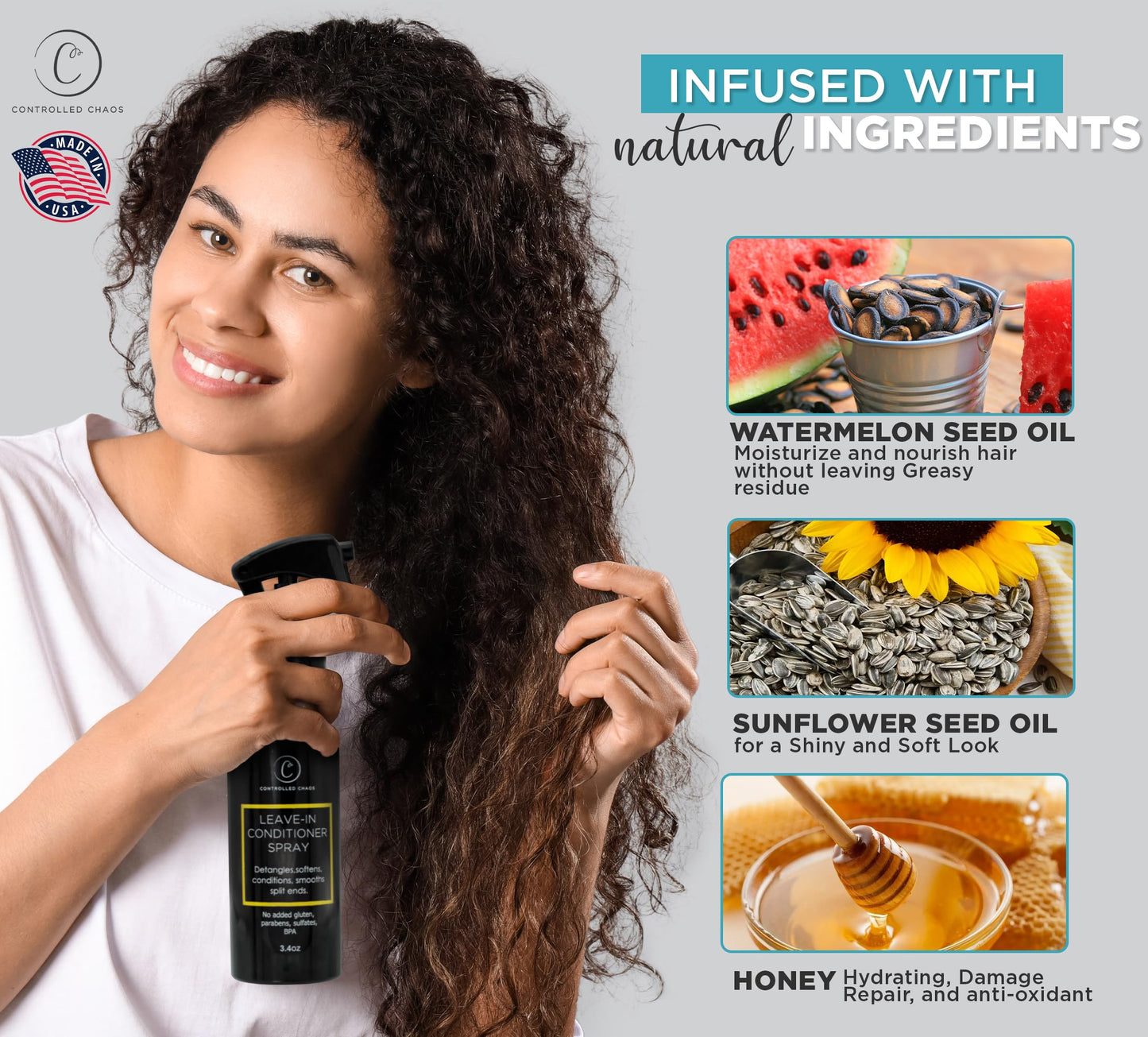 Controlled Chaos Leave-In Conditioner Spray- Anti Frizz Hair Detangler Spray for Dry Damaged Hair with Natural Watermelon & Sunflower Seed Oil & Honey Beauty & Personal Care Controlled Chaos