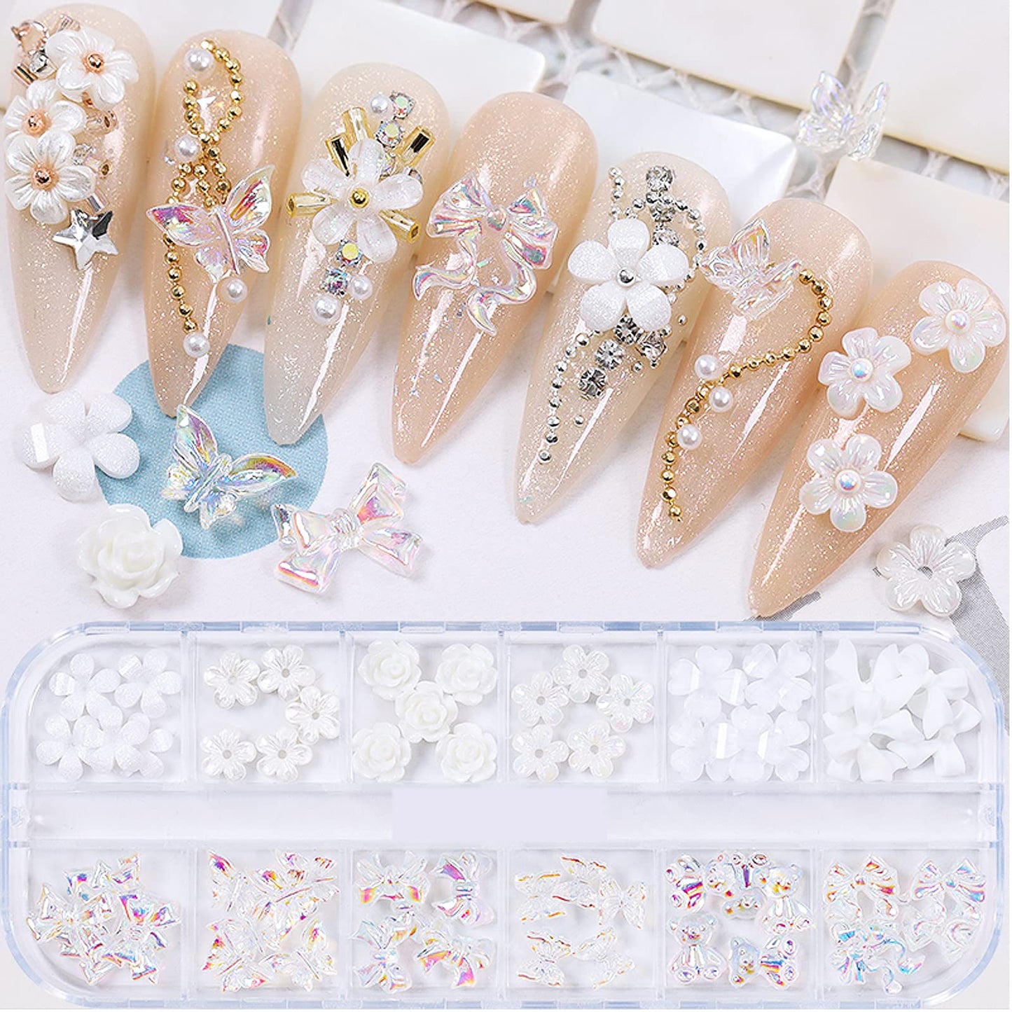 3D Acrylic Butterfly White Flowers Bear Nails Charms Cute Nail Charms Mixed Starry Crystal Nail Rhinestones Multi Sizes Crystal Gems Stones for Nail Beauty & Personal Care CESUSME