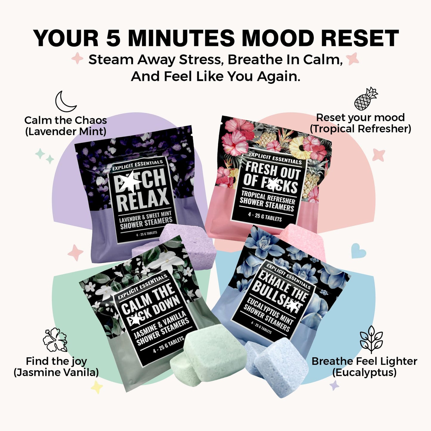 Explicit Essentials Shower Steamers Gift Set - 4 Funny Handmade Aromatherapy Shower Bombs - Relaxation & Stress Relief Spa Gift for Self-Care Beauty and Personal Care Explicit Essentials