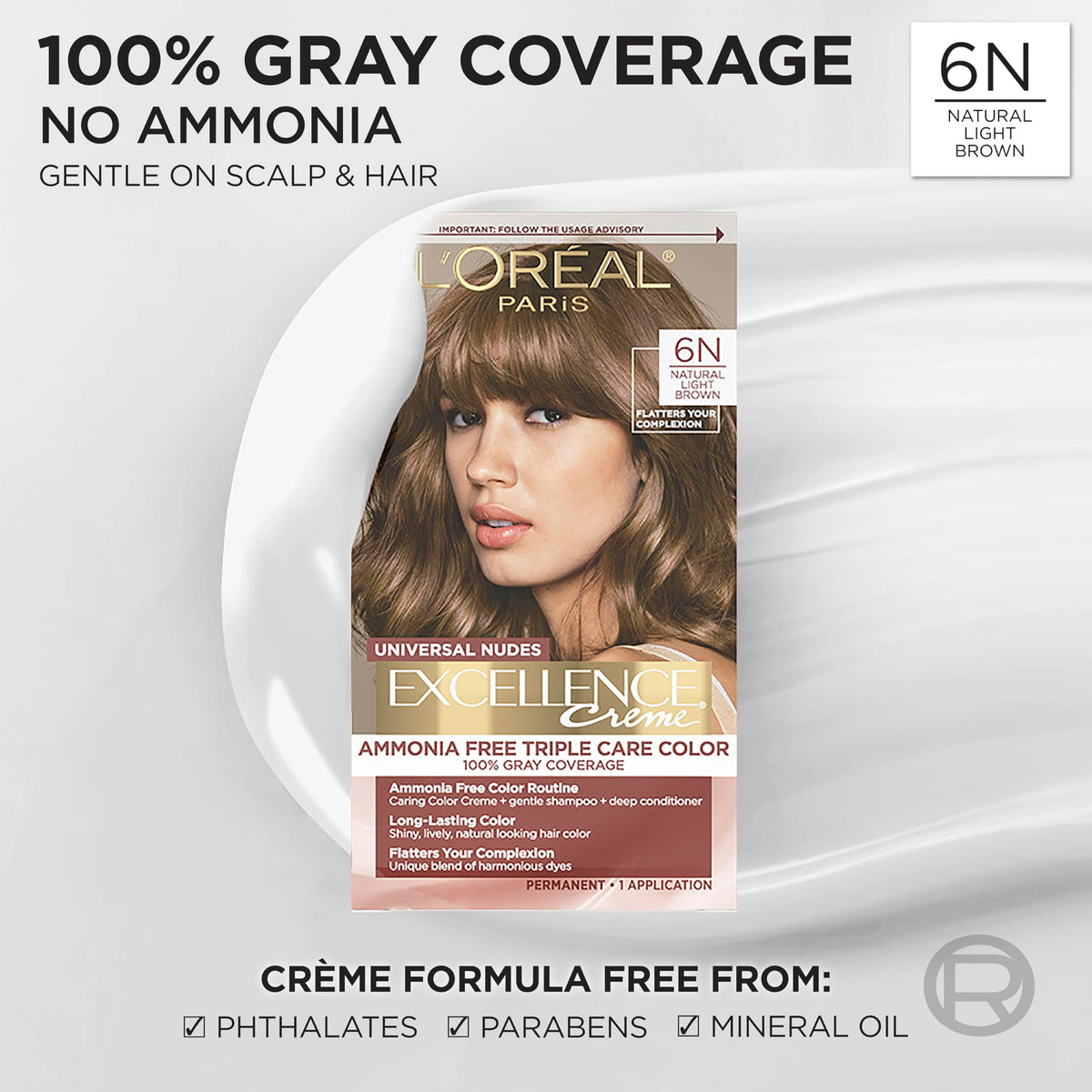 L’Oreal Paris Excellence Universal Nudes Permanent Hair Color, Ammonia Free Hair Dye for Gray Hair Coverage, 6N Natural Light Brown, 1 Hair Dye Kit