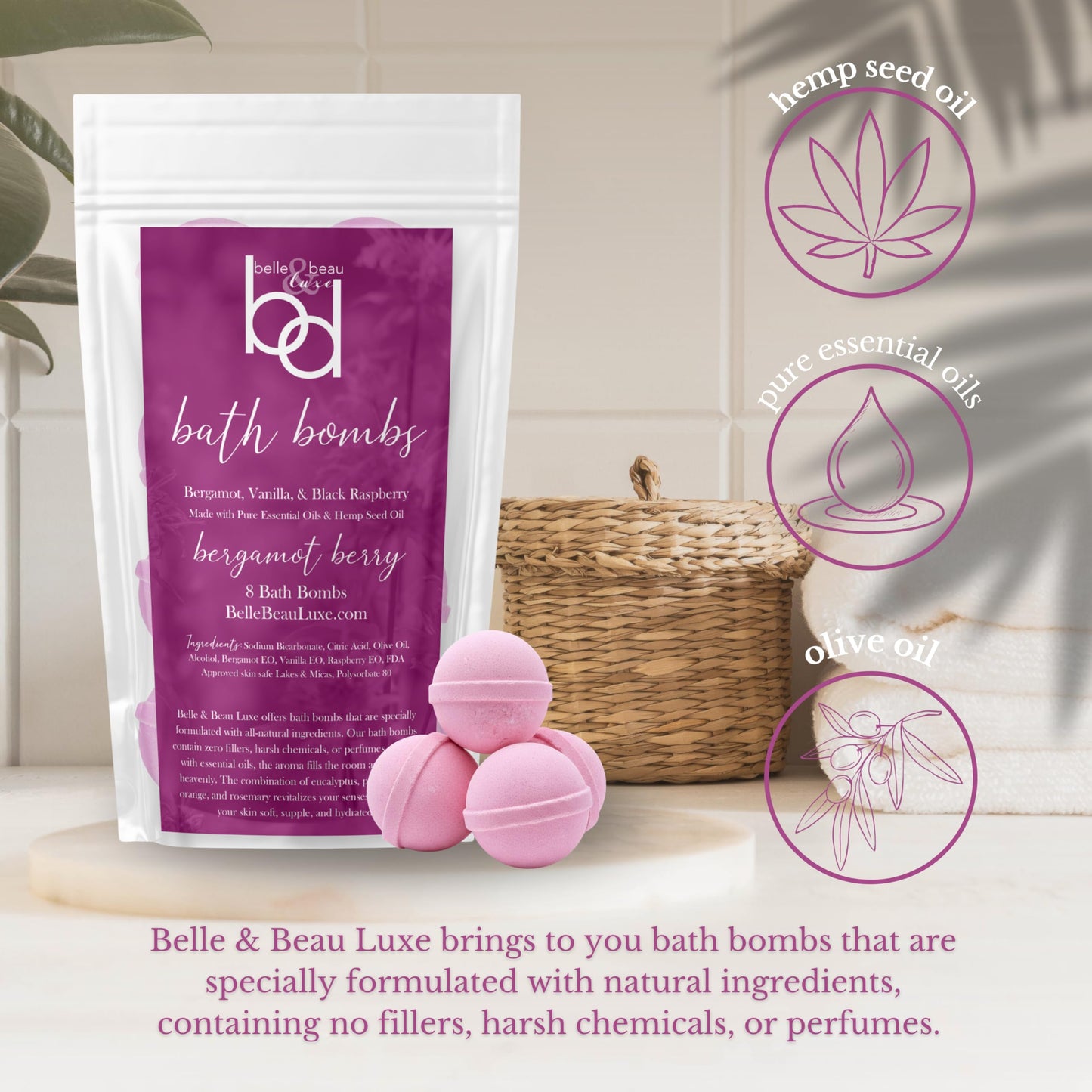Belle & Beau Luxe Bergamot Berry Hemp Bath Bombs - Made with Organic Hemp Seed Oil and Bergamot, Vanilla, & Black Raspberry Essential Oils - 8 Count Beauty and Personal Care BB BELLE & BEAU LUXE