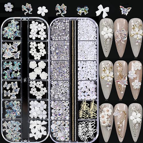 3D Acrylic Butterfly White Flowers Bear Nails Charms Cute Nail Charms Mixed Starry Crystal Nail Rhinestones Multi Sizes Crystal Gems Stones for Nail Beauty & Personal Care CESUSME