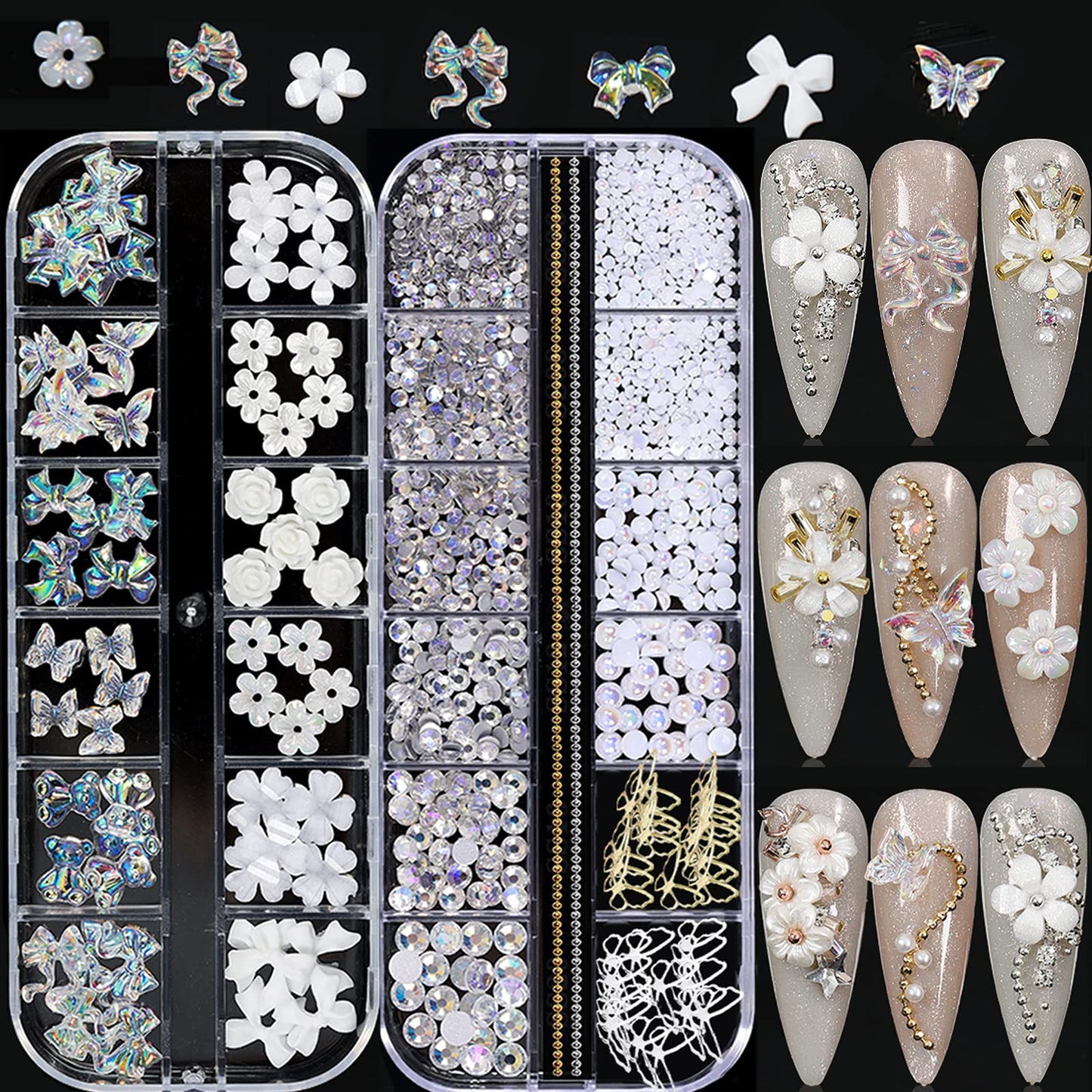 3D Acrylic Butterfly White Flowers Bear Nails Charms Cute Nail Charms Mixed Starry Crystal Nail Rhinestones Multi Sizes Crystal Gems Stones for Nail Beauty & Personal Care CESUSME