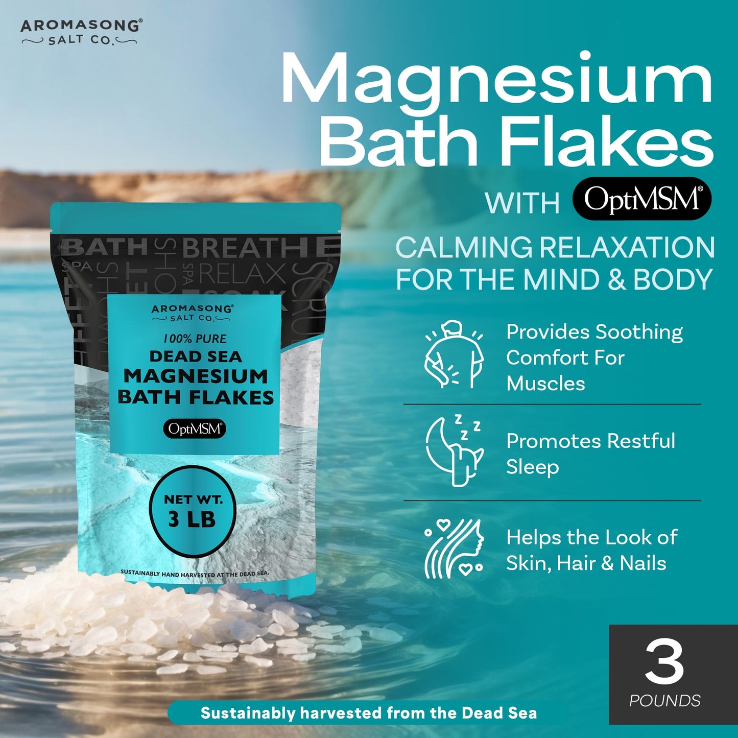 Aromasong RAW Magnesium Flakes + OptiMSM for Soaking 3 LB Resealable Pack - Muscle Relaxing Organic Bath Salts Magnesium Chloride Flakes, Mineral Beauty and Personal Care Aromasong