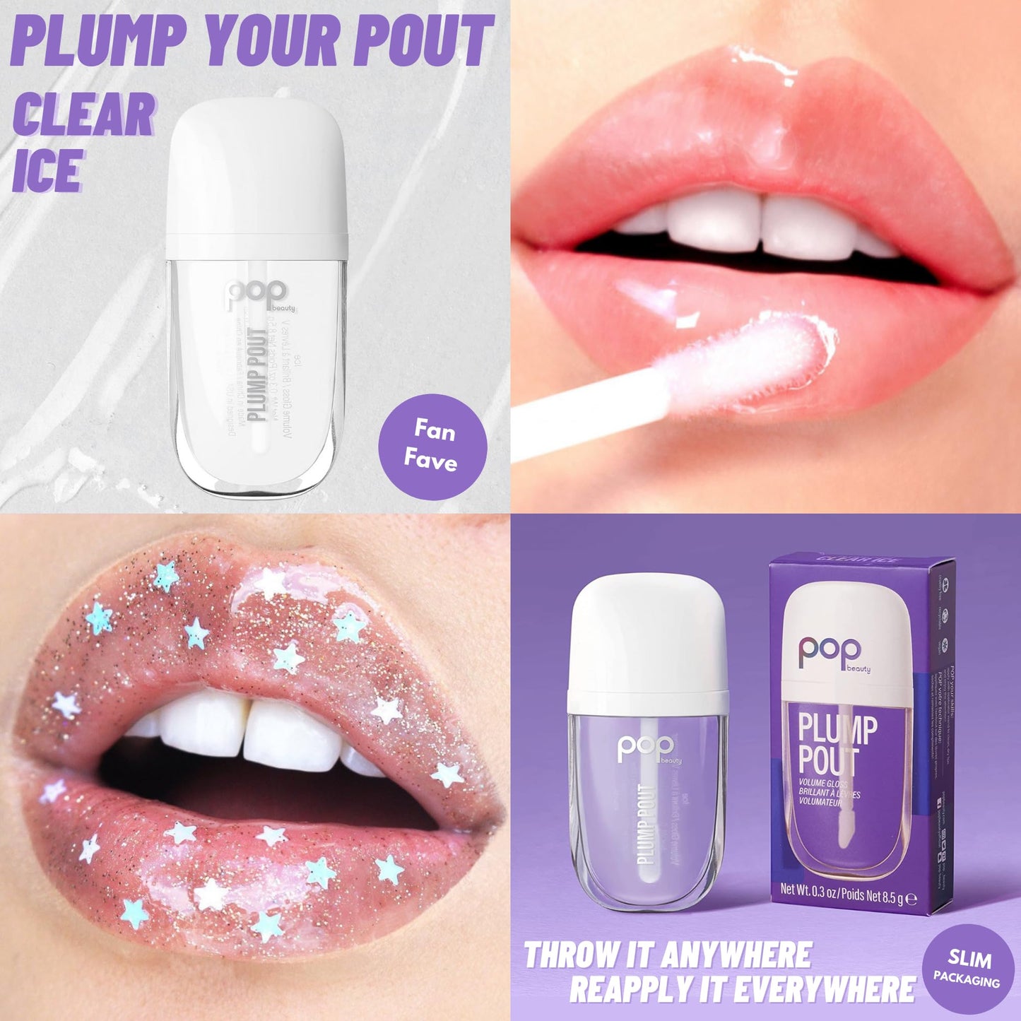 POP Beauty Plump Pout Clear Ice | Plumping Lip Oil, Hydrating Lip Gloss, Long Lasting Nourishing Lip Glow Oil Non-sticky Beauty & Personal Care POP Beauty