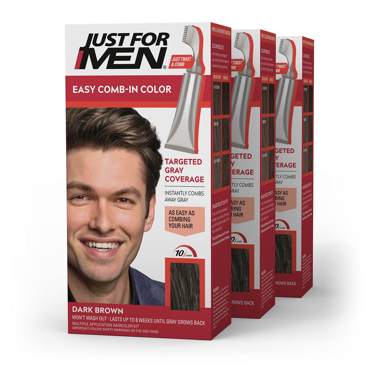 Just For Men Easy Comb-In Color Mens Hair Dye, Easy No Mix Application with Comb Applicator - Dark Brown, A-45, Pack of 3 Beauty & Personal Care Just for Men