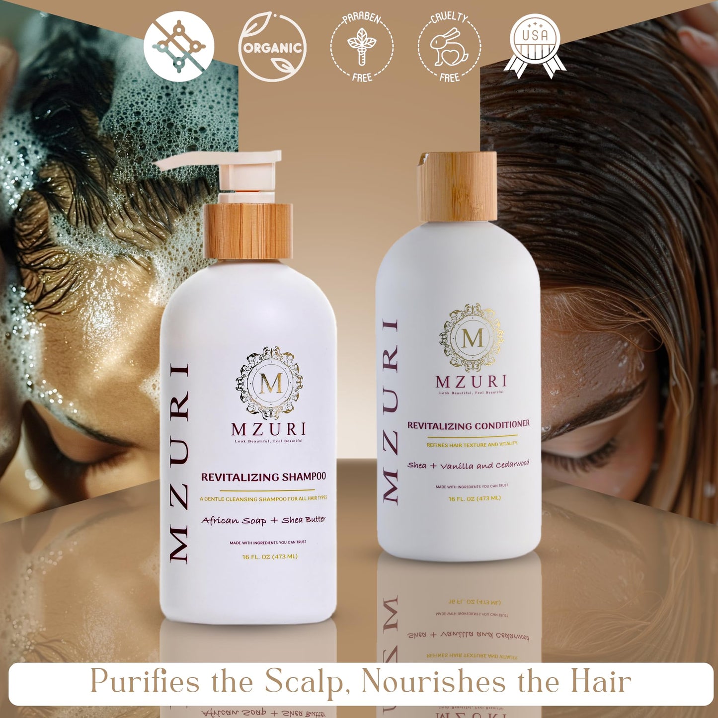 MZURI Shampoo & Conditioner Set - African Black Soap & Shea Shampoo + Vanilla Cedarwood Conditioner | Sulfate-Free Hydrating Cleanse, Detangling Frizz Beauty & Personal Care MZURI