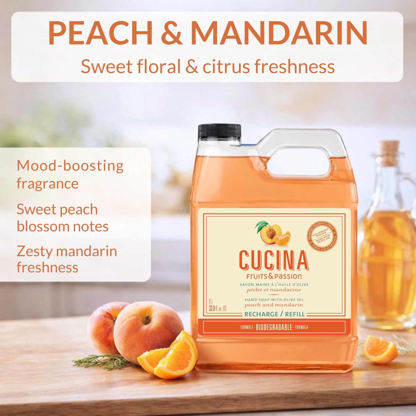 Cucina Fruits & Passion Hand Soap Refill, Peach & Mandarin, 1 L (33.8 fl oz), Liquid Hand Soap with Moisturizing Olive Oil, Biodegradable, Vegan Beauty & Personal Care Cucina