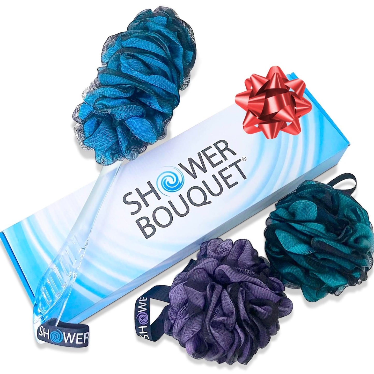 SHOWER BOUQUET Loofah-Charcoal Back-Scrubber & Bath-Sponge Color-Set // 1 Long-Handle-Back-Brush plus 2 Extra Large 75g Soft Mesh Loofa Lufa Loufa Beauty & Personal Care Shower Bouquet