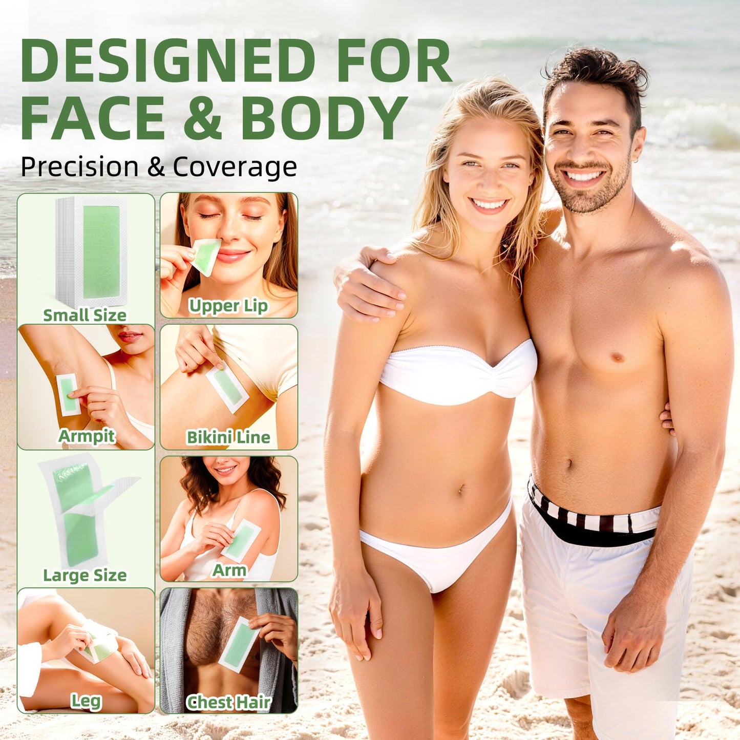 FOCTXI 100 PCS Wax Strips Hair Removal Kit (40 Facial & 60 Body) + 5 Calming Wipes - At Home Waxing Kit for Face, Eyebrow, Bikini & Legs, Sensitive Beauty and Personal Care FOCTXI