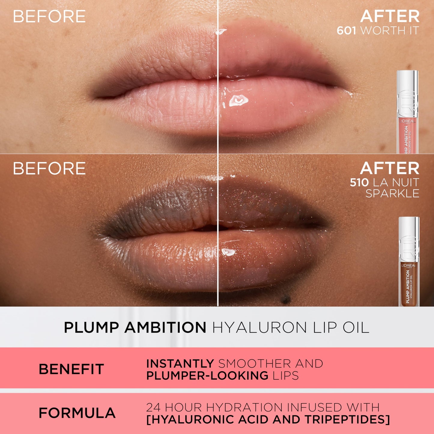 L'Oreal Paris Plump Ambition Hyaluron Lip Oil, 24 HR Lip Gloss with Hyaluronic Acid, Volumizing Formula with Glass-Like Shine, Worth It 601, 0.16 Fl Beauty & Personal Care L'Oreal Paris
