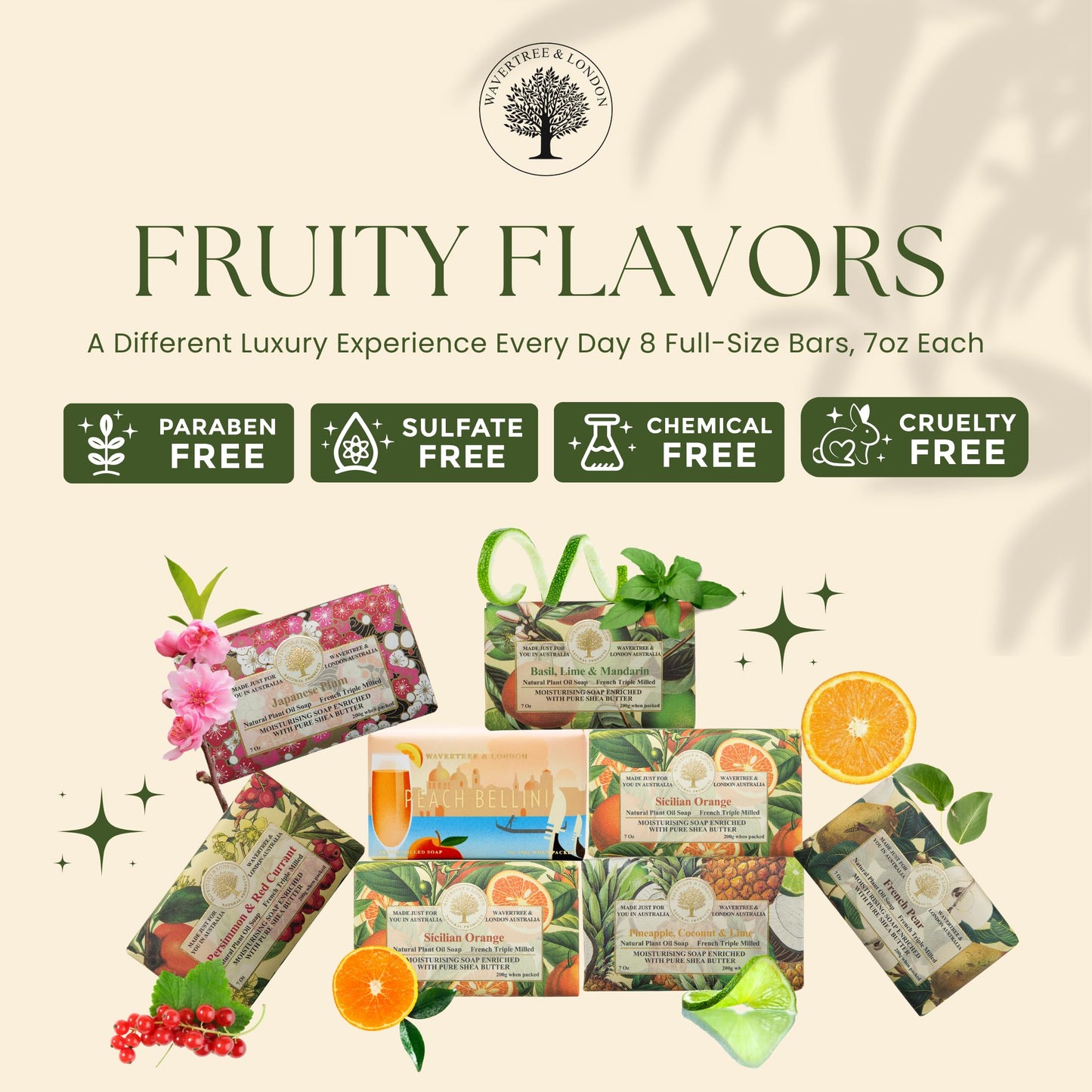 Wavertree & London Assorted Fruity Scents Natural Soap Bars (Pack of 8), 7oz Moisturizing Triple Milled Soap Bars Enriched with Shea Butter and Pure Beauty & Personal Care Wavertree & London
