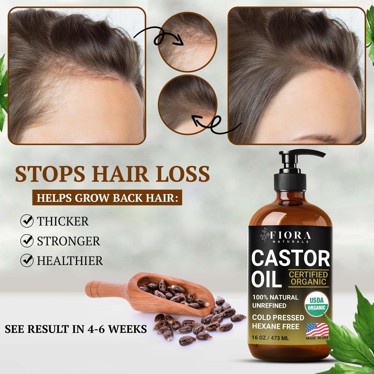 Organic Castor Oil in Glass Bottle - 16 Oz Cold Pressed & Hexane-Free - USDA Certified - Hair Growth Oil For Lashes, Brows, Skin & Scalp - with Pump Beauty & Personal Care Fiora Naturals