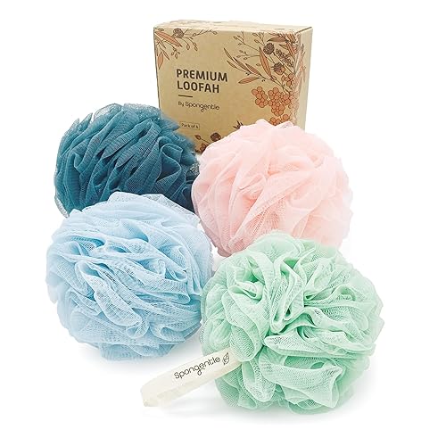Spongentle Premium Deep Cleansing Loofah Sponge for Radiant Skin, Pack of 4, Bath and Shower, Exfoliating Body Scrubber, Beautiful Colors for Women Beauty & Personal Care Sunlite Sports
