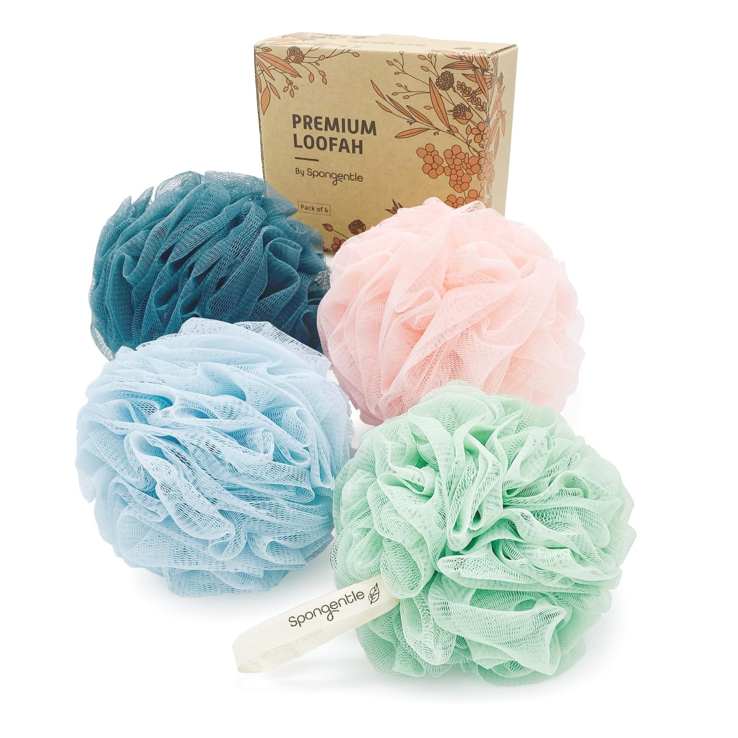 Spongentle Premium Deep Cleansing Loofah Sponge for Radiant Skin, Pack of 4, Bath and Shower, Exfoliating Body Scrubber, Beautiful Colors for Women Beauty & Personal Care Sunlite Sports