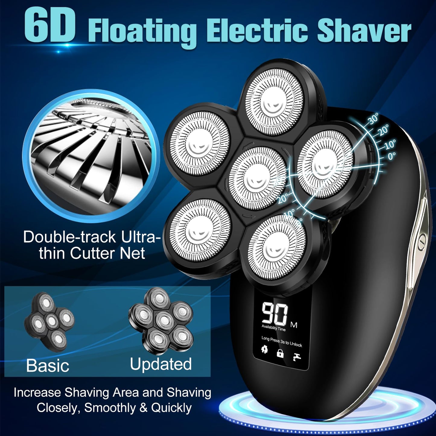 Head Shaver for Bald Men, 6-in-1 Electric Shaver for Bald Head 6D Wet/Dry Waterproof Mens Electric Razor Head Shavers with Grooming Kit Head Shaving Beauty and Personal Care Sakioo