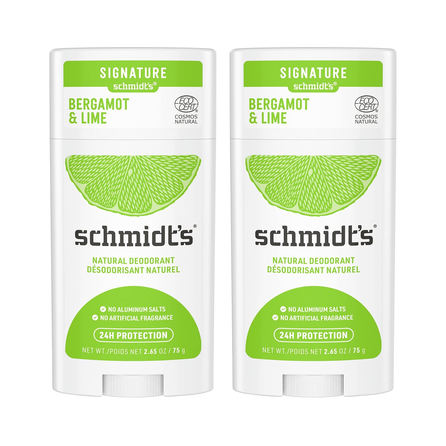 Schmidt's Aluminum Free Natural Deodorant Bergamot & Lime 2 count For Women and Men, with 24 Hour Odor Protection, Certified Cruelty Free, Vegan Beauty and Personal Care Schmidt's