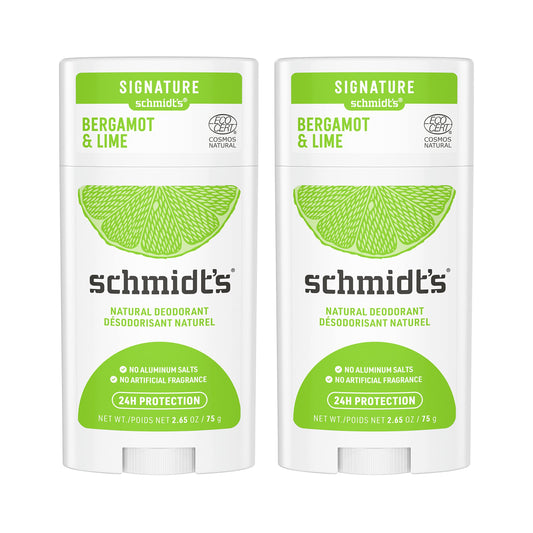 Schmidt's Aluminum Free Natural Deodorant Bergamot & Lime 2 count For Women and Men, with 24 Hour Odor Protection, Certified Cruelty Free, Vegan Beauty and Personal Care Schmidt's