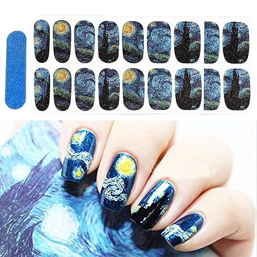 3D Van Gogh's Starry Night Fullnail Stickers, Full Nail Starry Sky Art Gel Nail Polish Sticker Decals, Shimmery Glittery, Long Lasting, Easy to Apply Beauty & Personal Care BlueZOO