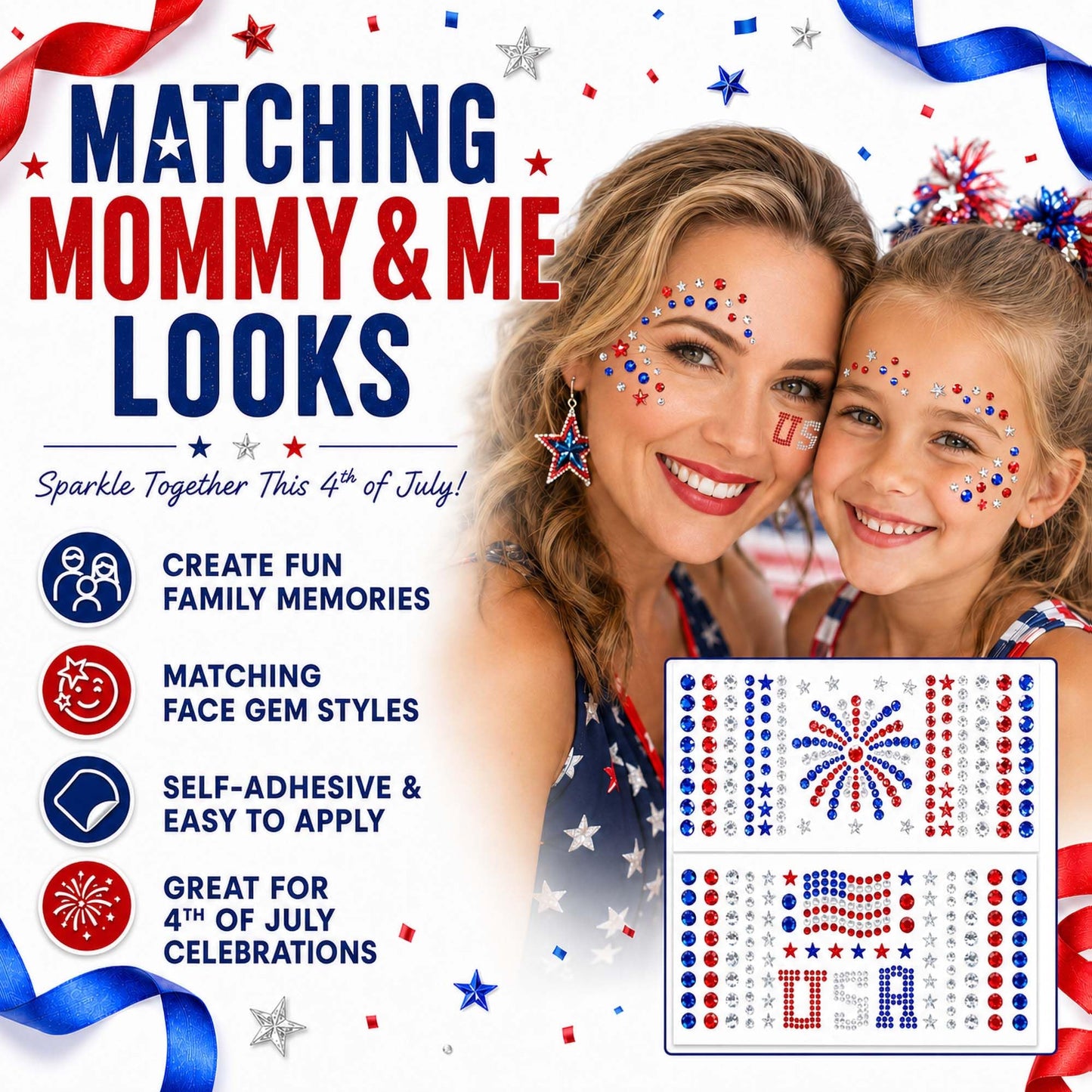Go Ho 4th of July Face Hair Gems, 2 Sheets Self Adhesive Face Jewels for Women, Red White and Blue Gem Stickers Eye Rhinestones, USA American Flag Beauty and Personal Care Go Ho