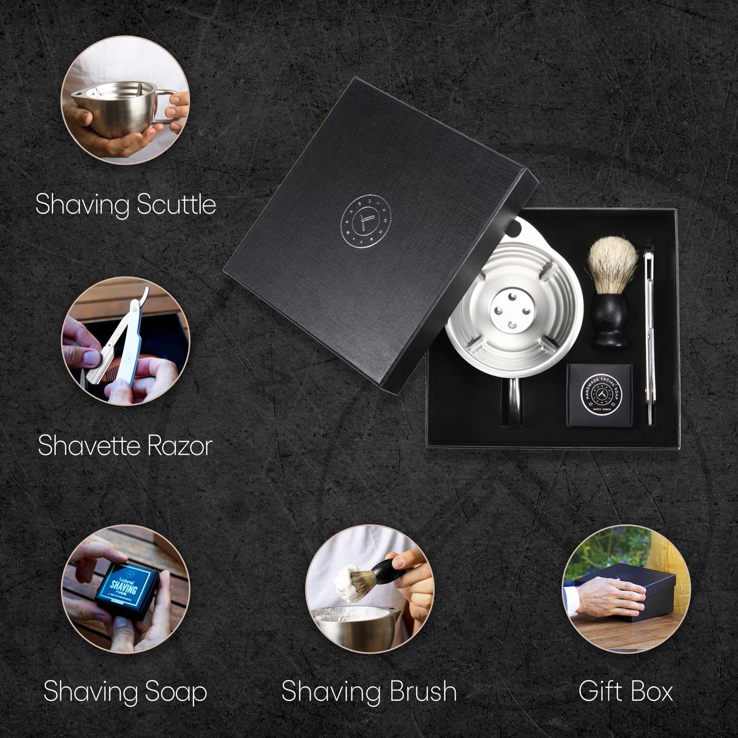 Naked Armor Silver Fox Shaving Scuttle Mug Kit With Shavette - Double Walled Stainless Steel Shaving Bowl with Shavette Straight Razor, Shaving Brush Beauty and Personal Care Naked Armor