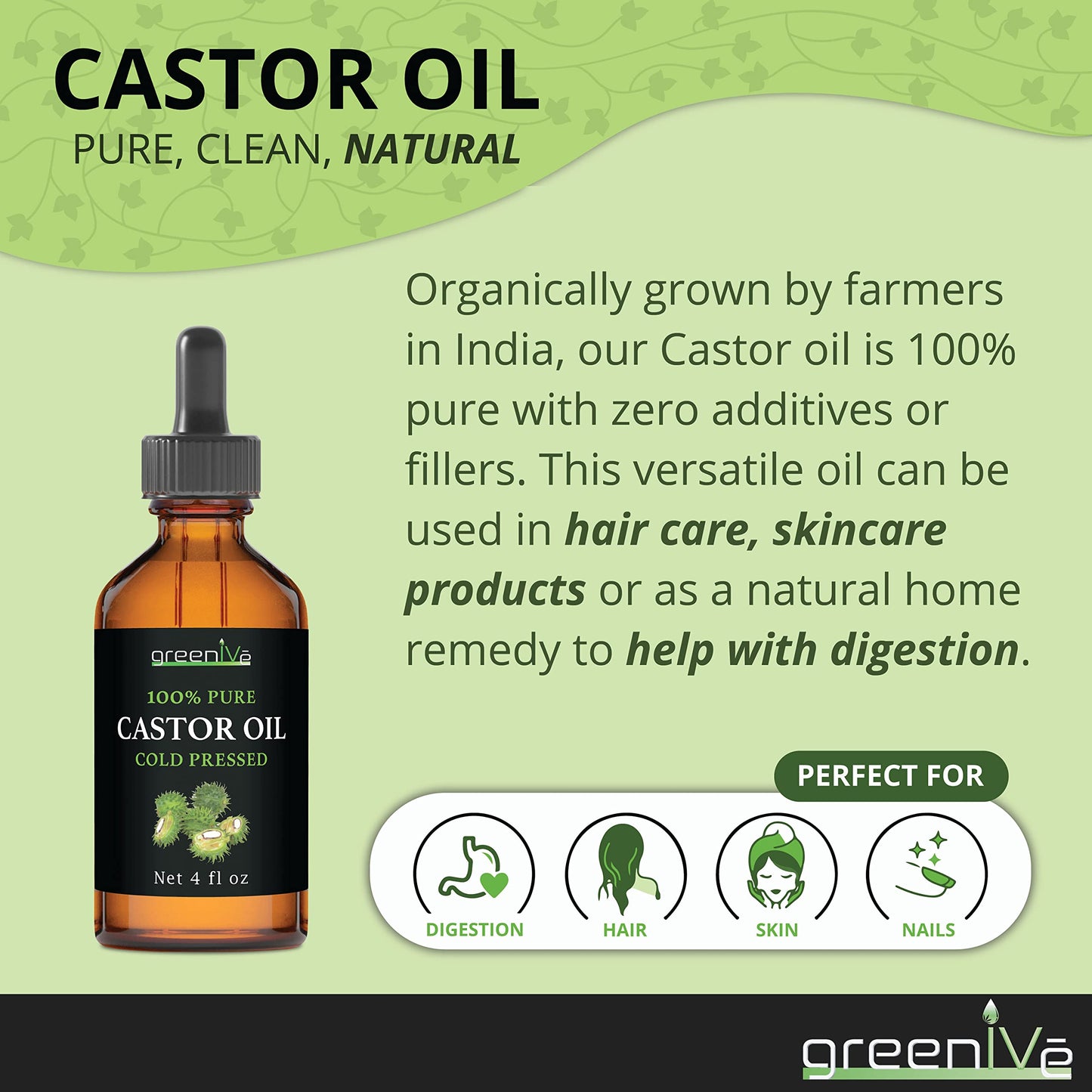 GreenIVe Castor Oil 100% Pure 4 fl oz Bottle Cold Pressed, Hexane Free, Eyelash and Eyebrow Growth Serum, Skin Moisturizer Detox and Wraps Beauty & Personal Care GreenIVe
