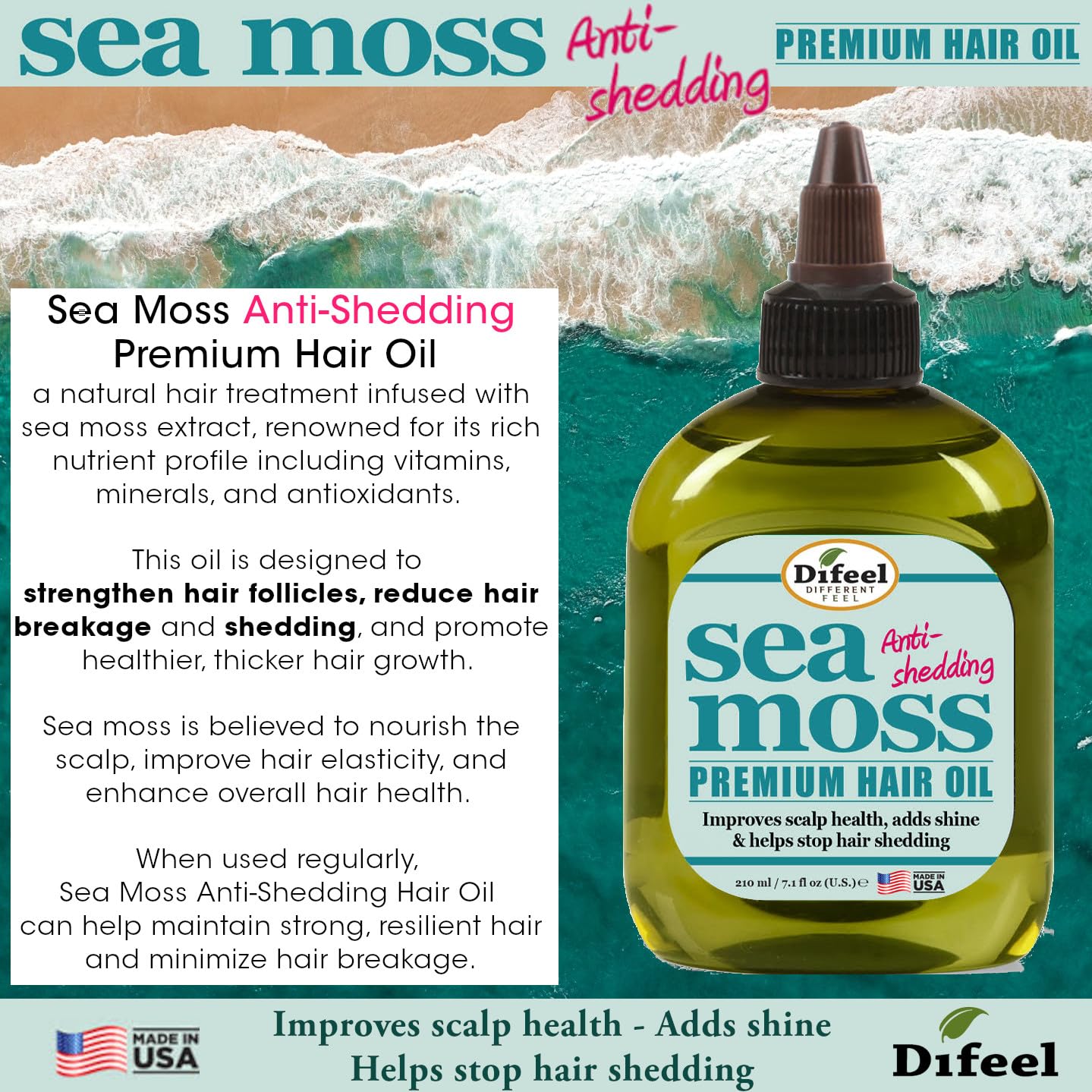 Difeel Premium Anti-Shedding Hair Oil with Sea Moss - 7.1 oz, For Hair Growth and Frizzy, Damaged or Dry Hair Beauty & Personal Care Difeel