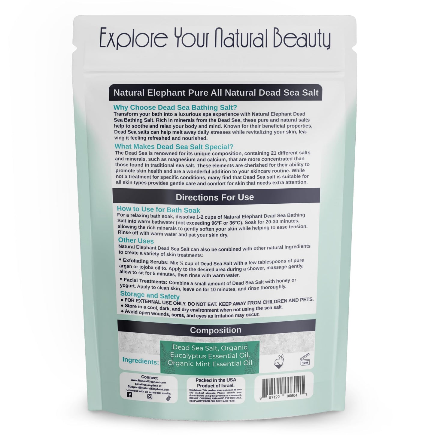 Natural Elephant Dead Sea Eucalyptus Mint Bath Salt - Bathing and Foot Soak for Energizing and Refreshing 100% Pure with Organic Eucalyptus Mint Beauty and Personal Care Natural Elephant