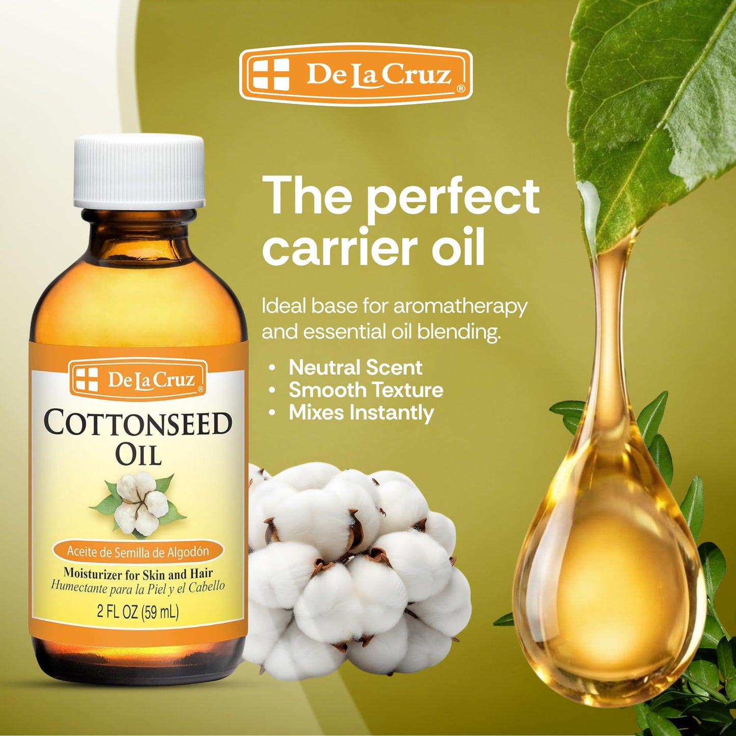 De La Cruz Cottonseed Oil - Moisturizer for Skin and Hair - Multipurpose Carrier Oil - 2 Fl OZ (1 Bottle) Beauty & Personal Care De La Cruz