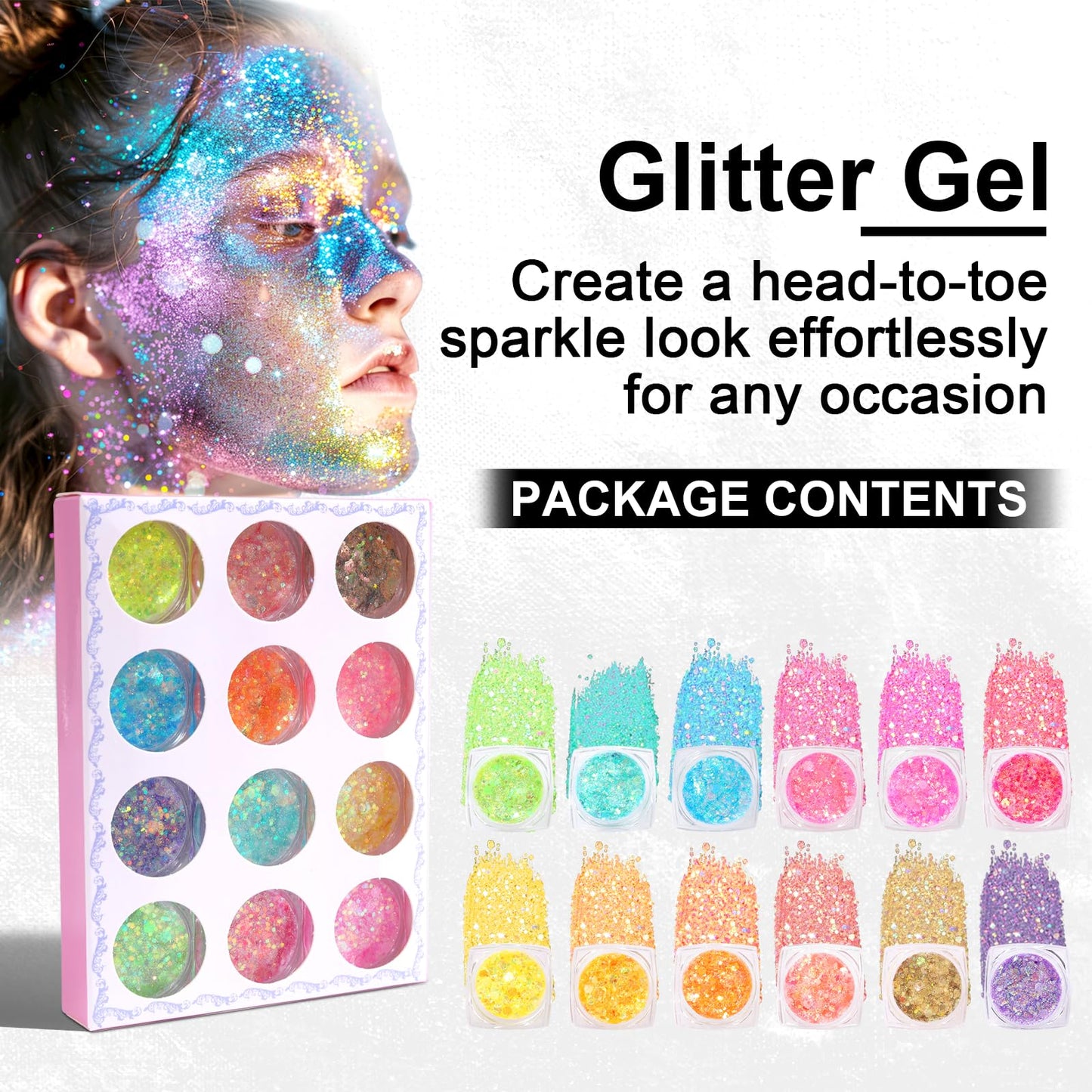 Glow in the Dark Face & Body Glitter Gel - 12 Colors Chunky Holographic Glitter for Hair, Body, Festival, Party, Rave Makeup, Washable Cosmetic Beauty & Personal Care Ultikare