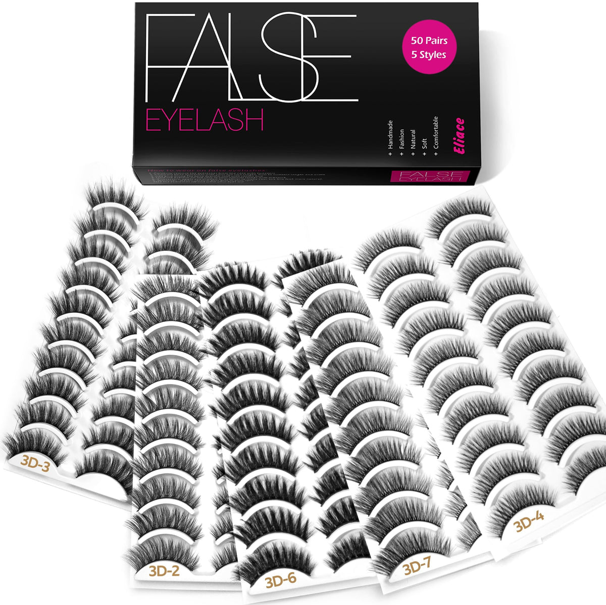 Eliace Eyelashes, (50 Pairs,5 Styles) Luxurious Faux Mink Lashes Natural Look Wispy Fluffy Handmade Cat Eye False Lash Pack, False Eyelashes Set, Fake Beauty & Personal Care Eliace