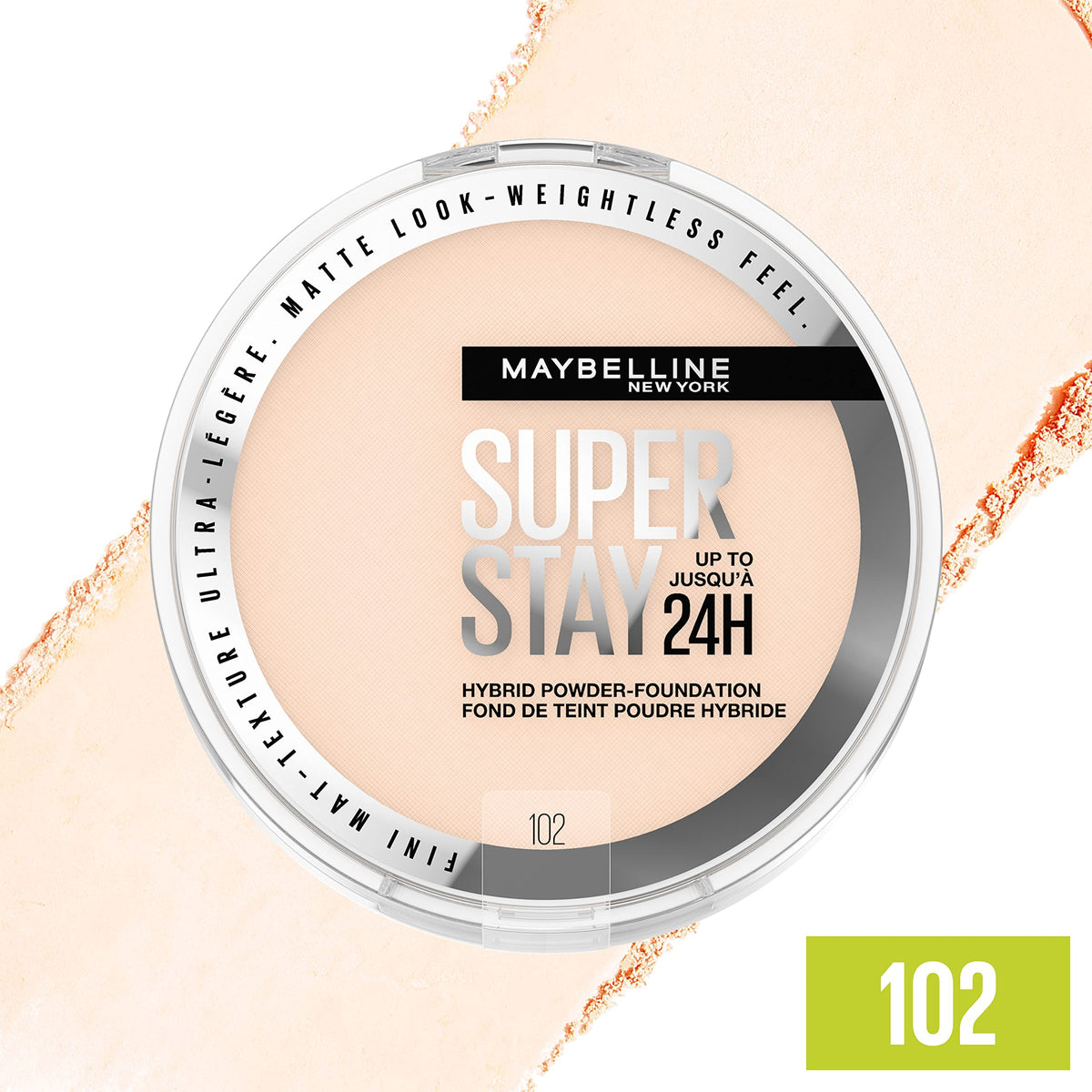 Maybelline Super Stay Up to 24HR Hybrid Powder-Foundation, Medium-to-Full Coverage Makeup, Matte Finish, 102, 1 Count Beauty & Personal Care MAYBELLINE