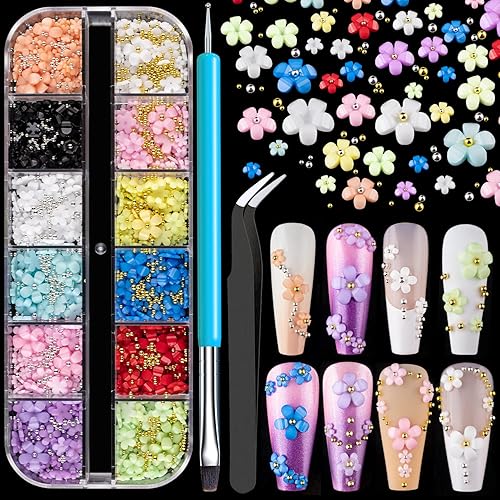 3D Flowers for Nails Art Colorful Charms Kit #2 with Caviar Beads, Blossom Rhinestones Crystal Pearls Acrylic Studs DIY Design Manicure Accessories Beauty & Personal Care BELLEBOOST