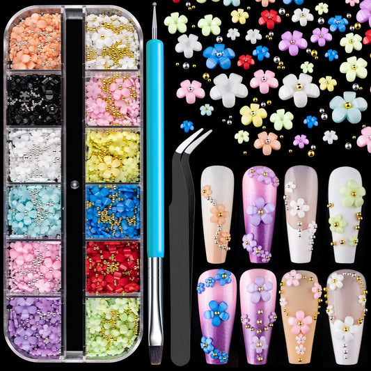 3D Flowers for Nails Art Colorful Charms Kit #2 with Caviar Beads, Blossom Rhinestones Crystal Pearls Acrylic Studs DIY Design Manicure Accessories Beauty & Personal Care BELLEBOOST