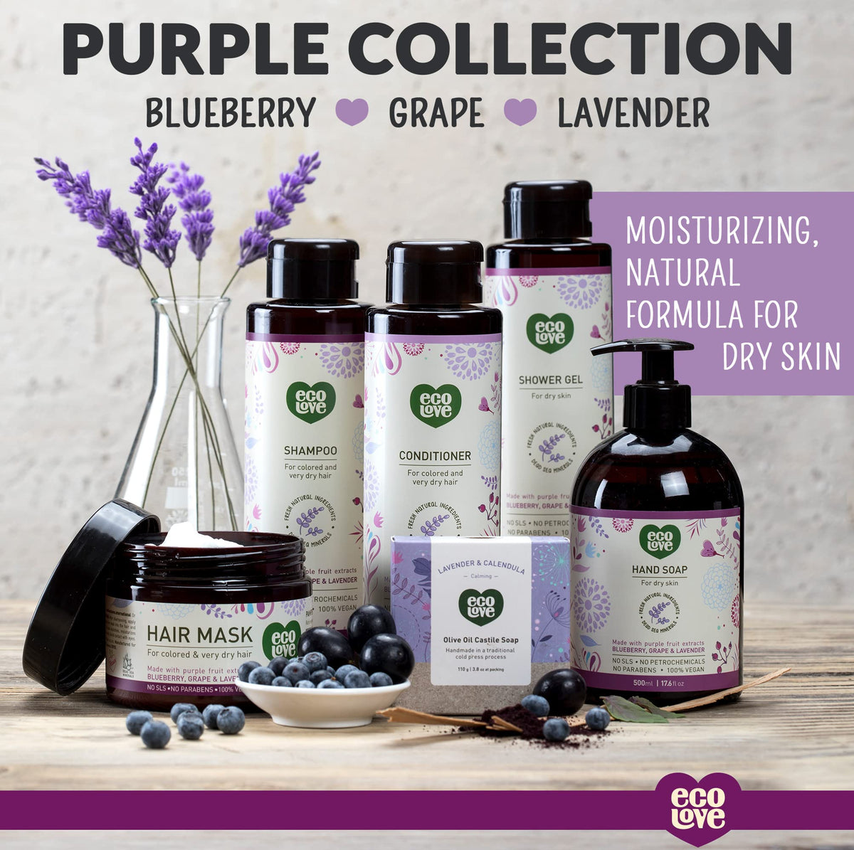 ecoLove - Natural Moisturizing Body Wash for Dry Skin - Organic Blueberry, Grape & Lavender - No SLS or Parabens - Vegan and Cruelty-Free Shower Gel Beauty & Personal Care ecoLove