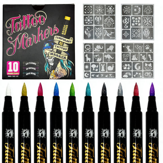 10 Colors Metallic Body Paint Markers with 4 Temporary Tattoo stencils, Waterproof & Sweatproof Temporary Tattoo Markers Quick-Dry Face Paint Pens Beauty & Personal Care Faceura