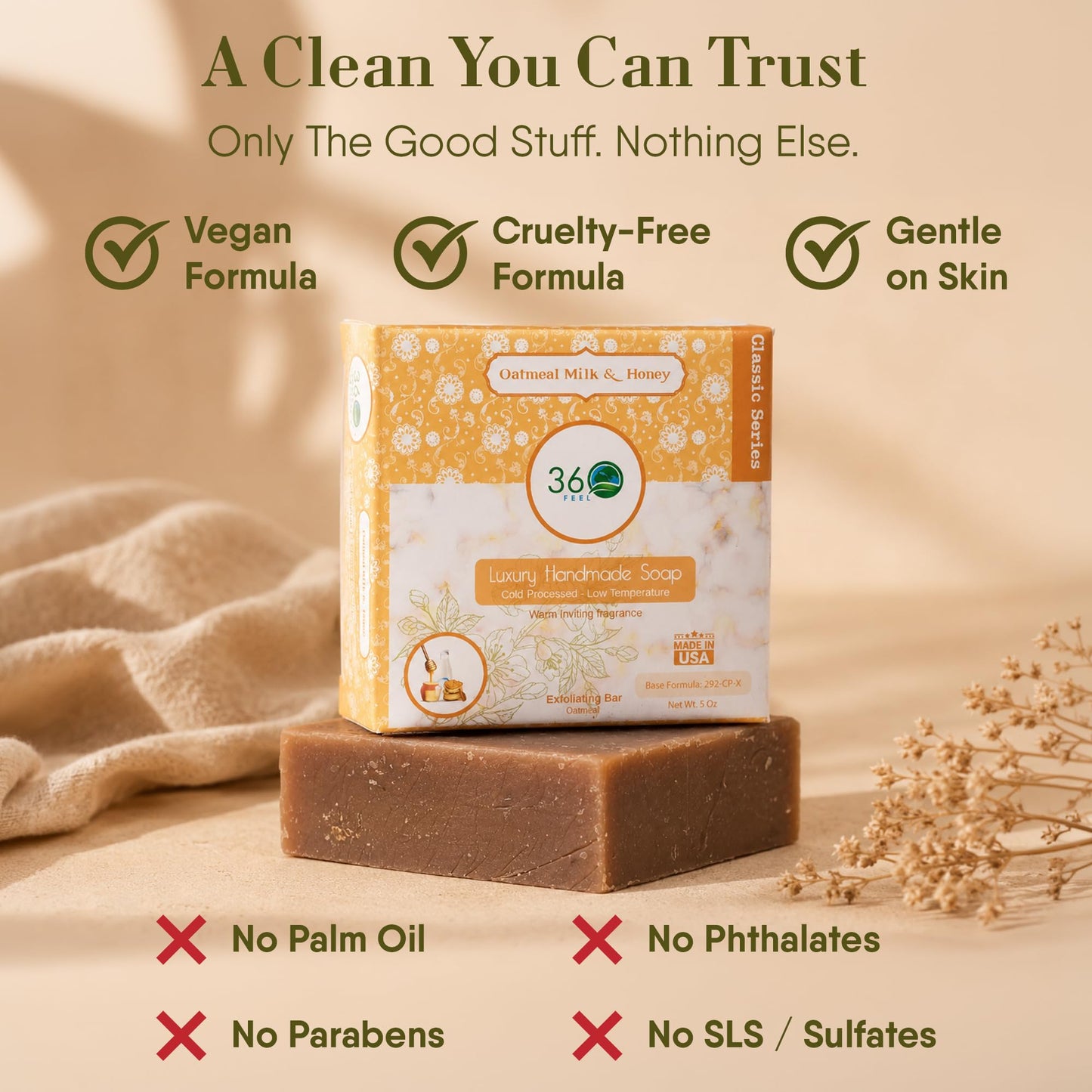 360Feel Oatmeal Milk and Honey Bar Soap - Made in The USA - Castile Handmade, All Natural Cold Processed - Infused with Oatmeal Milk and Honey Beauty & Personal Care 360Feel