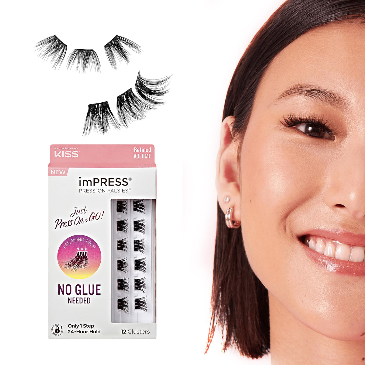 KISS imPRESS Falsies Press On Self Adhesive Eyelashes, 12mm-14mm Glam Volume Press On Lashes, Black, No Glue Needed, Invisible Band, 12 Lash Clusters… Beauty & Personal Care imPRESS